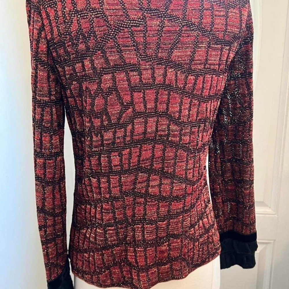 Liola Made in Italy Red Black Metallic Knit Ruffle Velvet Cardigan Size IT 42 - Picture 5 of 8
